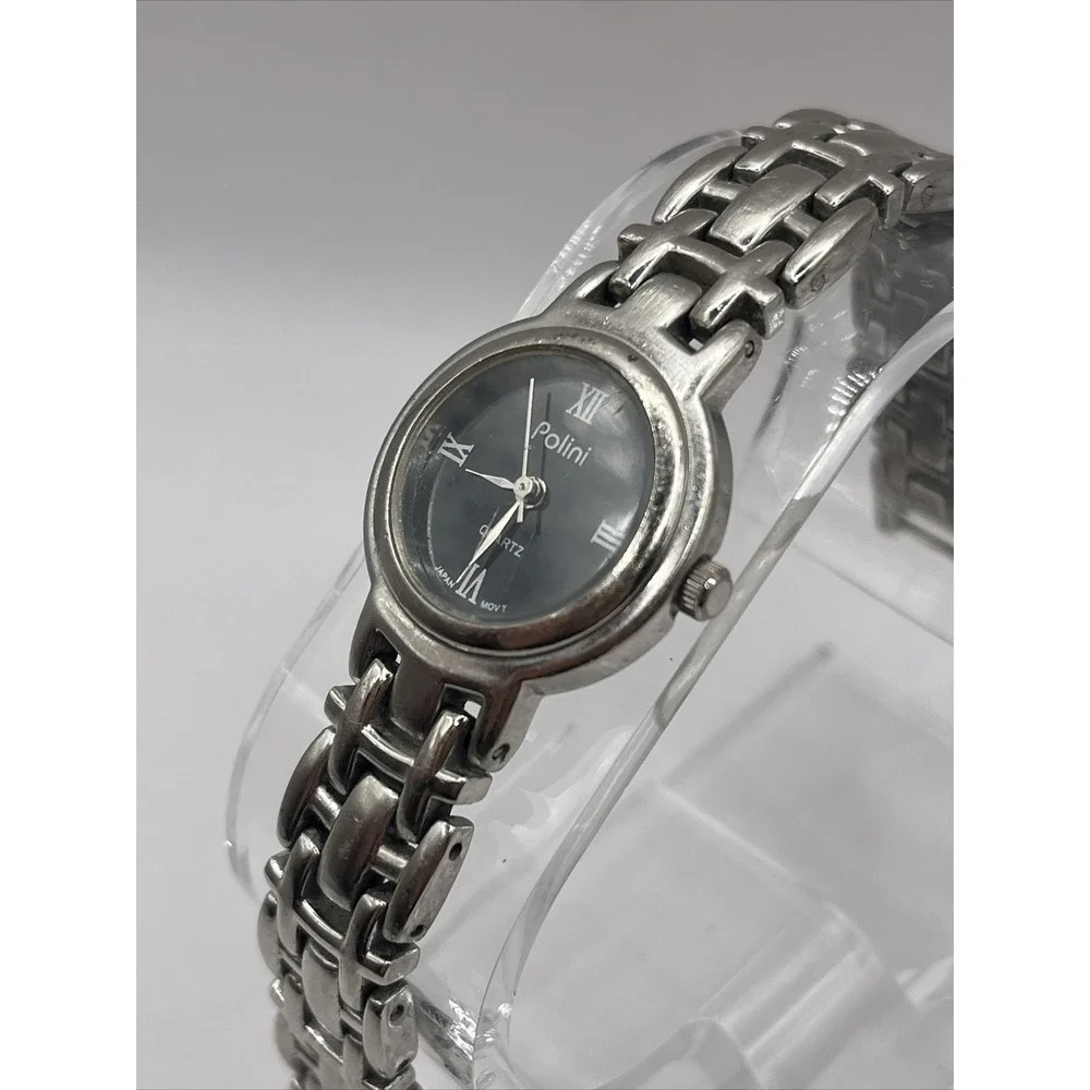 Polini‎ Women's Quartz Watch Silver Tone Band Black Dial- New Battery